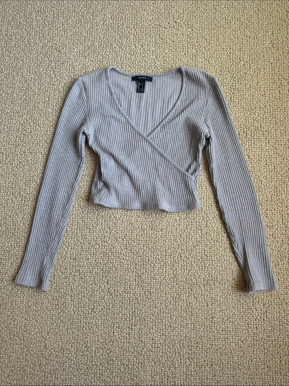 Forever 21 Ribbed Wrap-Front Long Sleeve Crop Top - Light Taupe